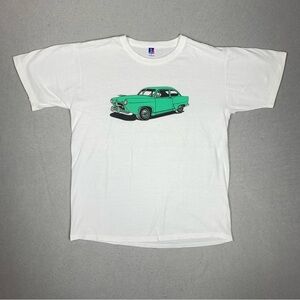 Vintage Russell Athletic T-Shirt Mens Large White Car Graphic Made USA 90s Tee